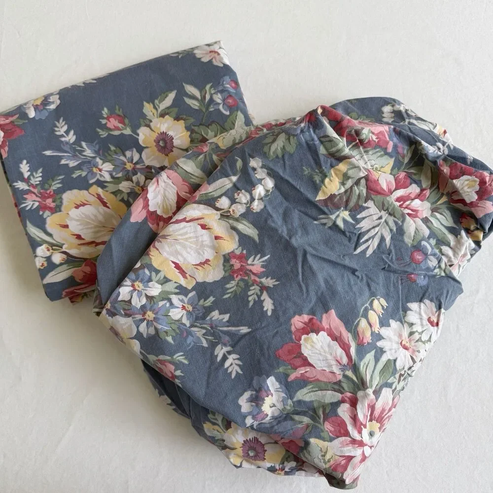 Vintage Ralph Lauren Kimberly Queen Flat Fitted Sheet Set Blue Floral USA Cotton